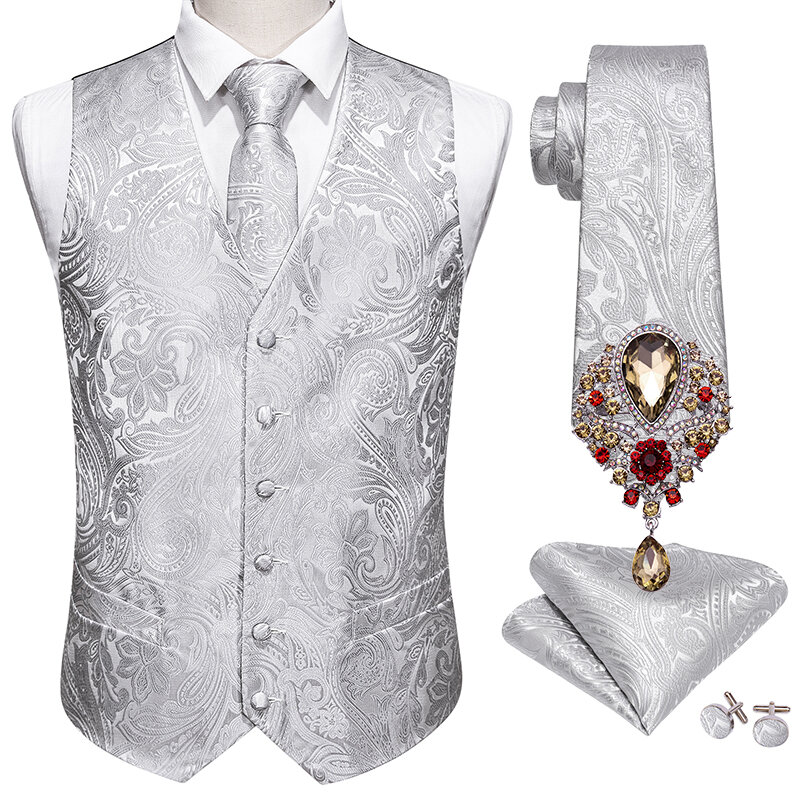 Costume de mariage pour hommes, gilet Jacquard Paisley argenté, en soie, avec broches à cravate, 5 pièces