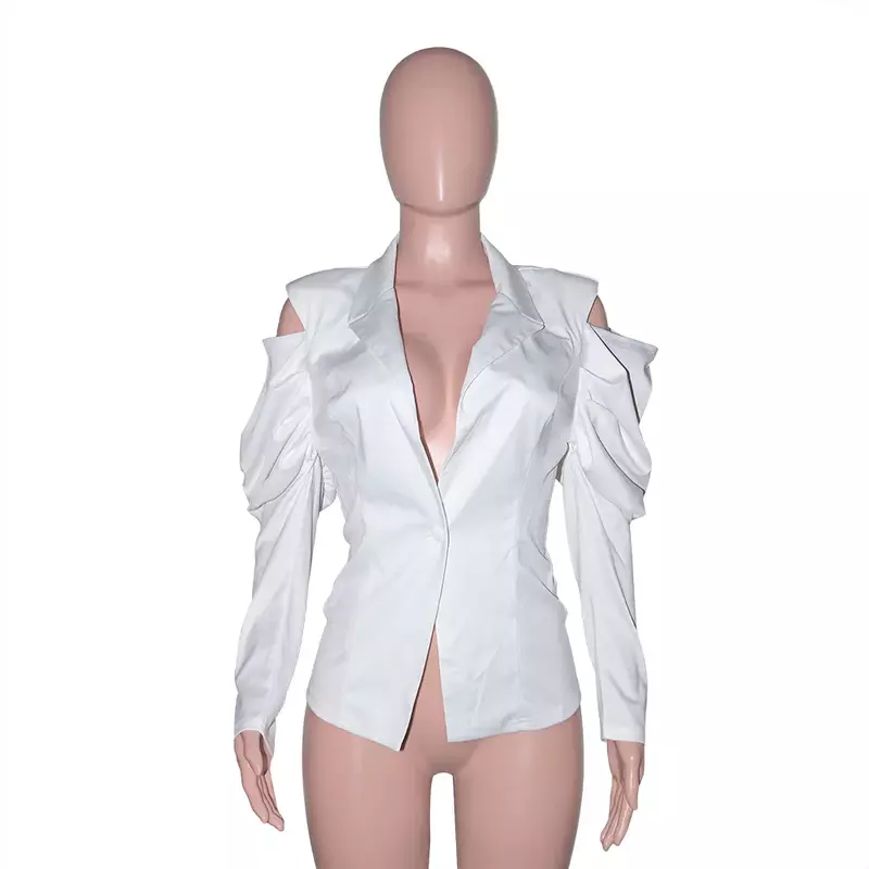 Blazers de manga abullonada para mujer, chaqueta con cuello con muescas, Tops de un solo botón, traje de mujer, ropa de invierno, 2024