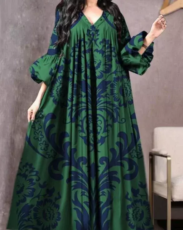 Vintage Printed Dress Women Breathable Loose Middle Eastern Robe Casual Long Sleeve Abaya V-neck Loose Muslim Abayas for Women