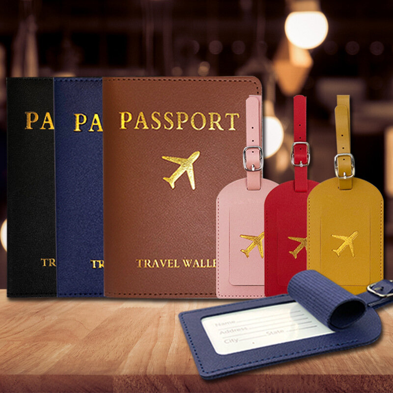 Etiqueta de equipaje de cuero PU, juego de soporte para pasaporte, funda protectora para pasaporte, Protector de pasaporte, portatarjetas de crédito de identificación portátil de viaje