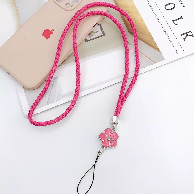 Plum Camellia Leather Cellphone Chain Lanyard Simple Hand-woven Non-slip Mobile Phone Case Rope Hanging Neck Jewelry for Women