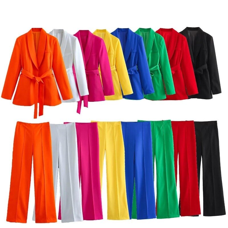 Women's Spring Pants Set 2 Piece Casual Belt Suit Coat+High Waist Pants Women's Elegant Street Two Piece Clothing Set 2023 New