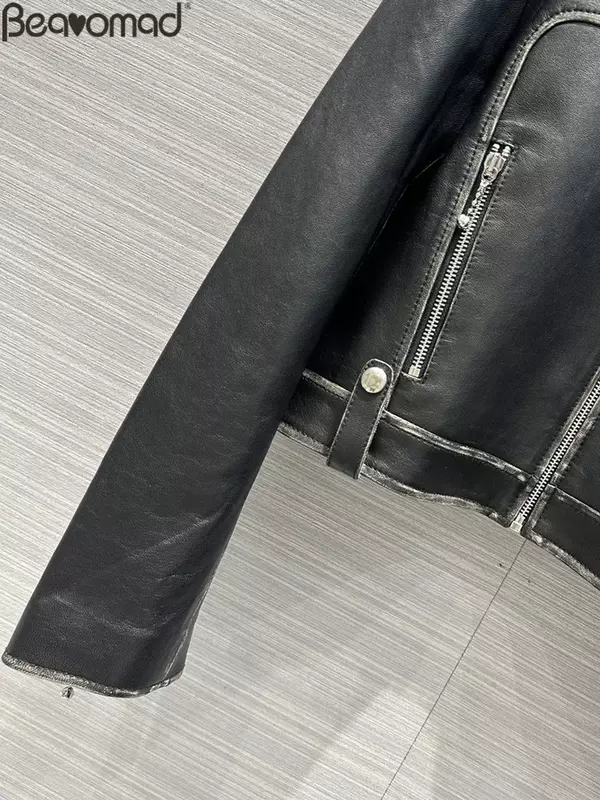 Fashion Runway autunno nero stile corto giacca in pelle di pecora cerniere da donna Patchwork giacca a maniche lunghe in tinta unita