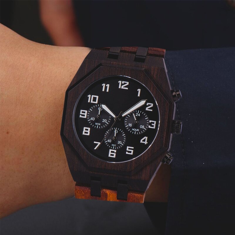 Jam tangan kuarsa pria, arloji kombinasi baja tahan karat kayu multifungsi kronograf tahan gores kaca, jam tangan hadiah untuk pria