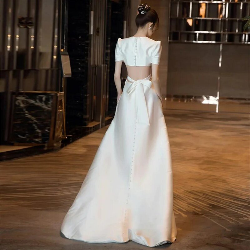 Elegant Satin Wedding Dress For Woman V Neck Half Cap Sleeve Bridal Gown Long Button Backless Bow Bride Dresses 2024 Custom