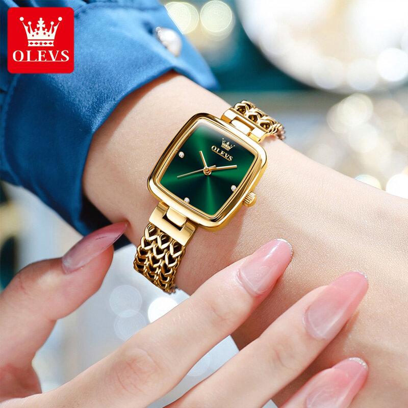 OLEVS-relojes elegantes de moda para mujer, esfera pequeña, reloj verde Dios para niña, correa de acero de malla impermeable, caja de regalo roja con pulsera