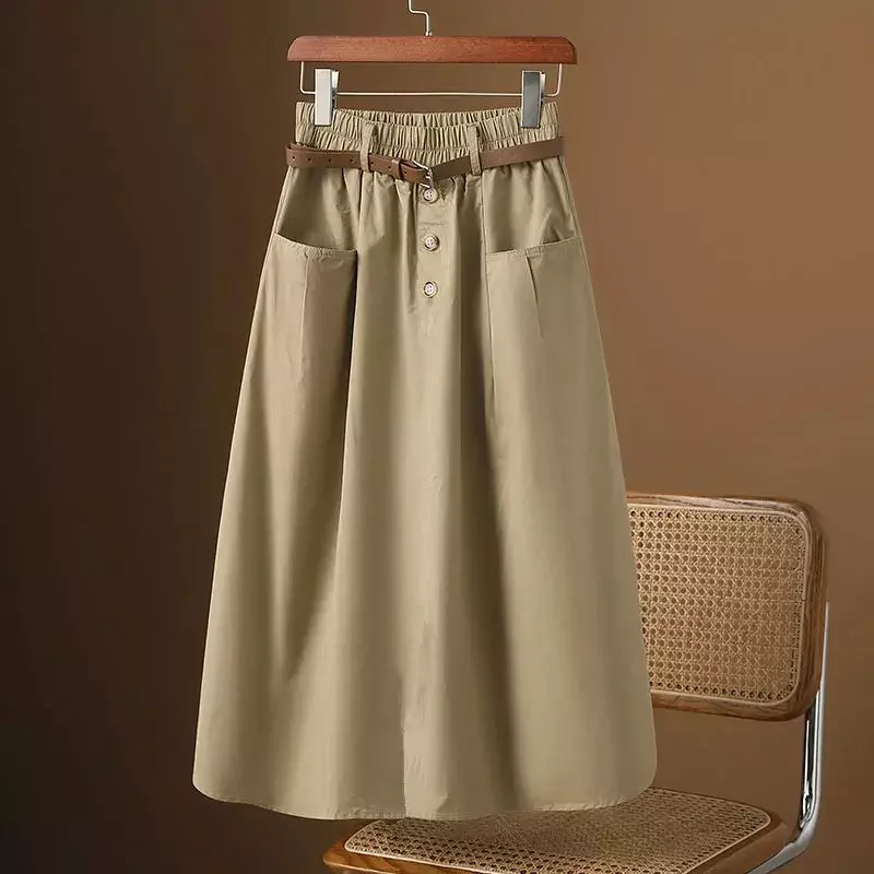 2024 New Spring Autumn Women's Skirt Solid All-match Pockets Elasticity High Waist A-line Casual Fashion Big Swing Skirt