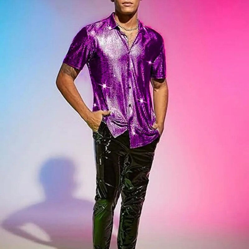 Kälte beständiges Herren hemd glänzendes Satin-Herren-Performance-Shirt mit einreihigem Design mit umgedrehtem Kragen für Club-Party-Disco