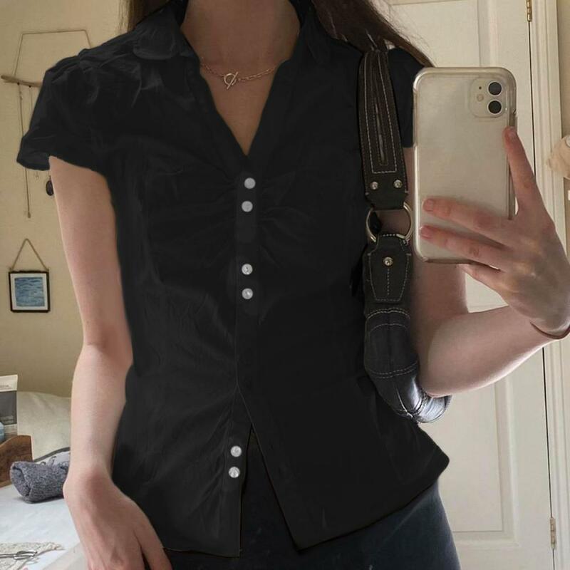Женская винтажная рубашка на пуговицах, повседневная укороченная блузка с коротким рукавом и отложным воротником в Корейском стиле Харадзюку, лето 2024