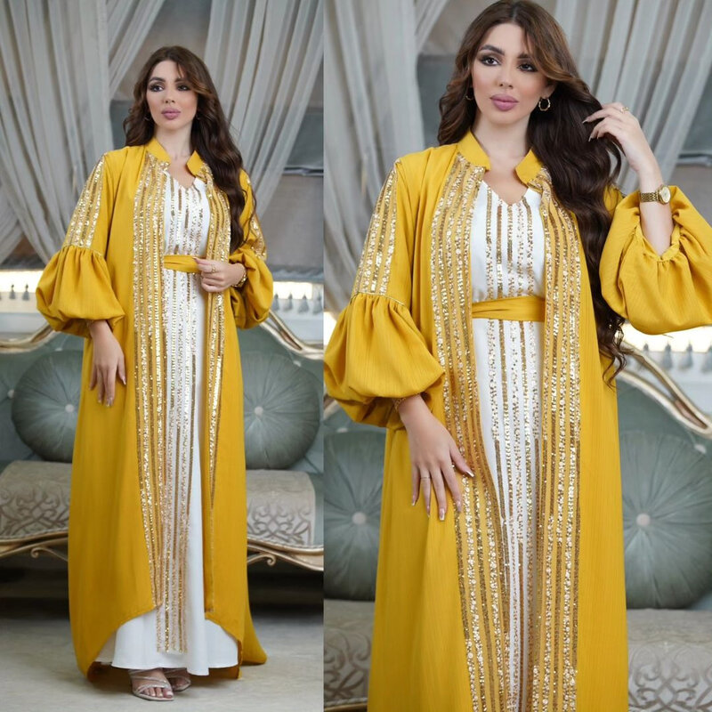 Средневосточный Кувейт халат мусульманская Мода Женский вышитый бисером комплект из двух предметов платье с рукавом-пузырьком женское платье