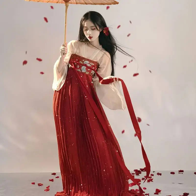 ชุดจีน Hanfu ชุดเดรสผู้หญิงโบราณปักลายดอกคาเมลเลียพาเลซชุดเดรสแขนใหญ่ทั้งชุด Hanfu