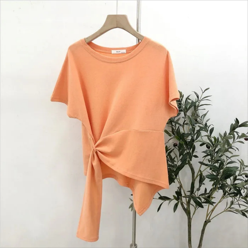 Unregelmäßiges Design Freizeit hemd einfarbig kurze Ärmel alle passen Hemden koreanische Mode schickes plissiertes verdrehtes Oberteil