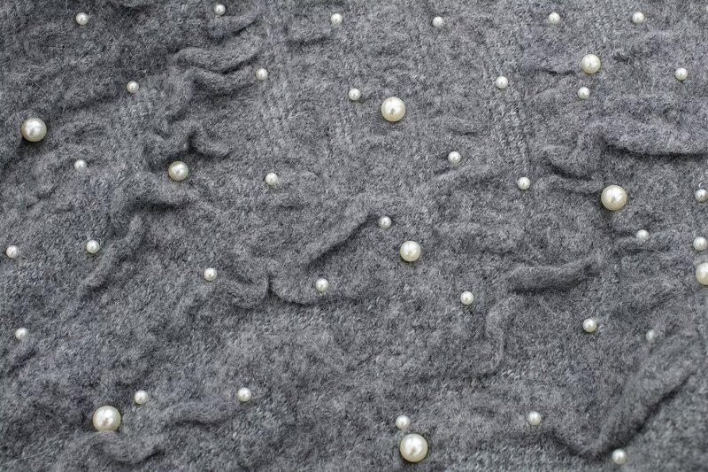 Suéter de punto texturizado con decoración de perlas artificiales para mujer, Jersey Vintage de manga larga con cuello redondo, Tops elegantes, nueva moda