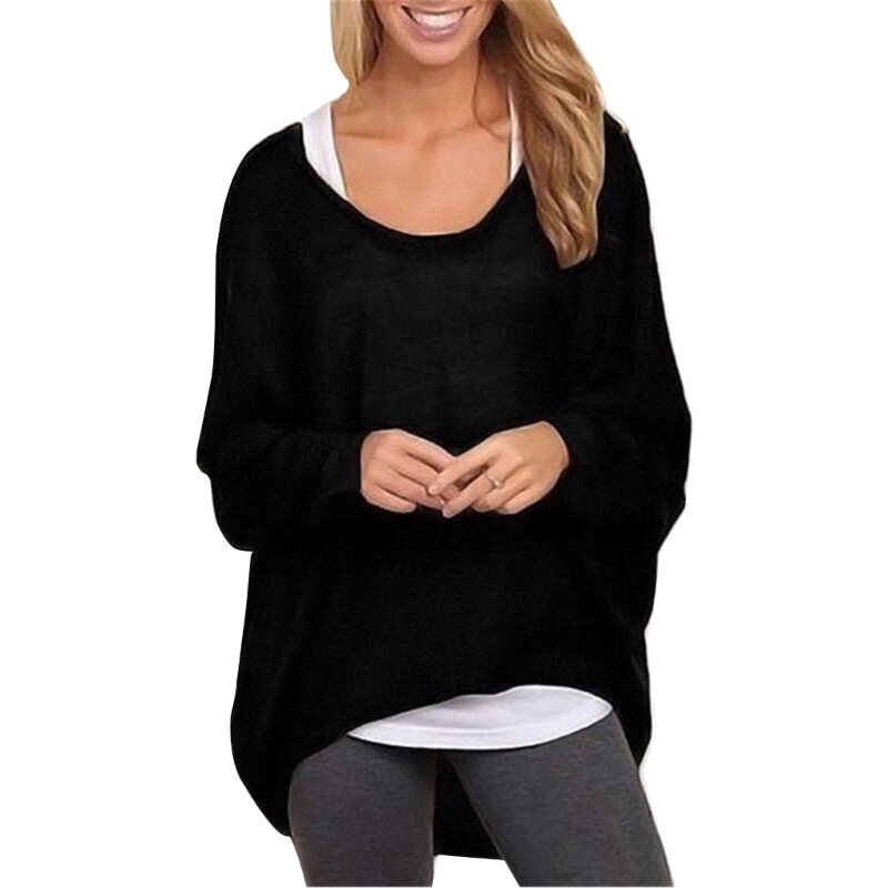 Women Solid Color Oversized Pullover Top Batwing Sleeve Off Shoulder Sweater Dropship
