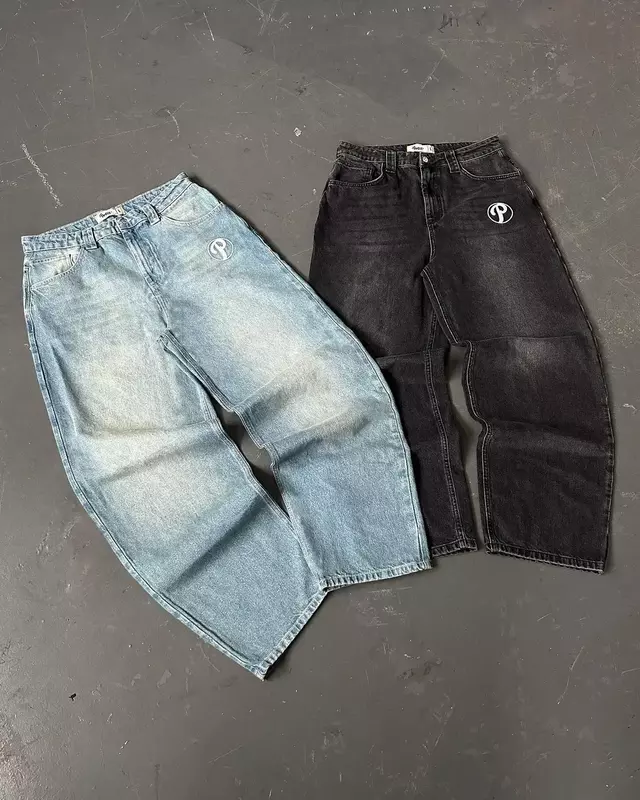 Schützen Baggy Jeans Frauen y2k Harajuku Hip Hop Blue Letter Stickerei Vintage Jeans Hosen hohe Taille weites Bein Hose Streetwear