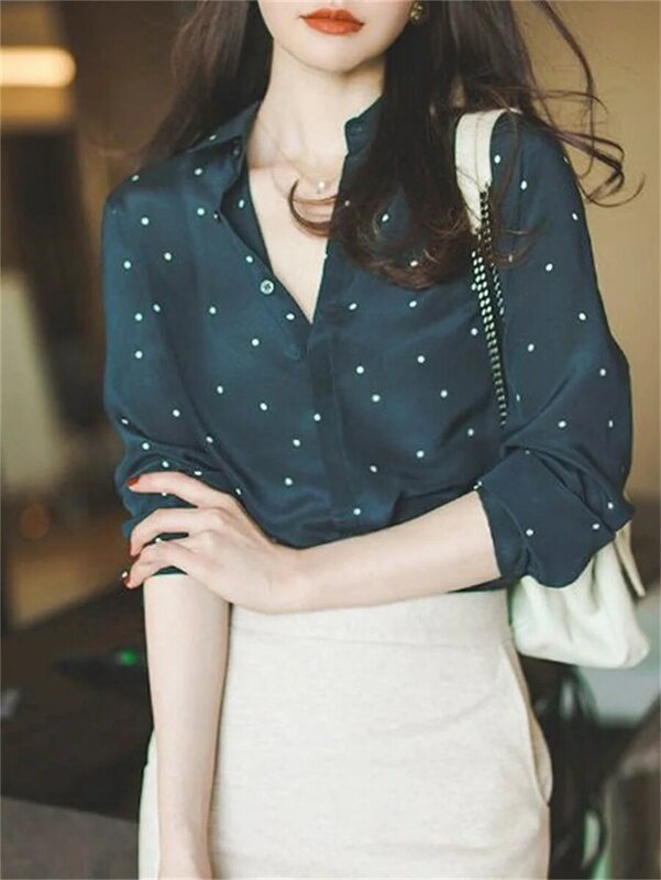 Mulheres primavera outono estilo blusas camisas senhora casual manga longa turn-down colarinho dot impresso blusas topos zz1802