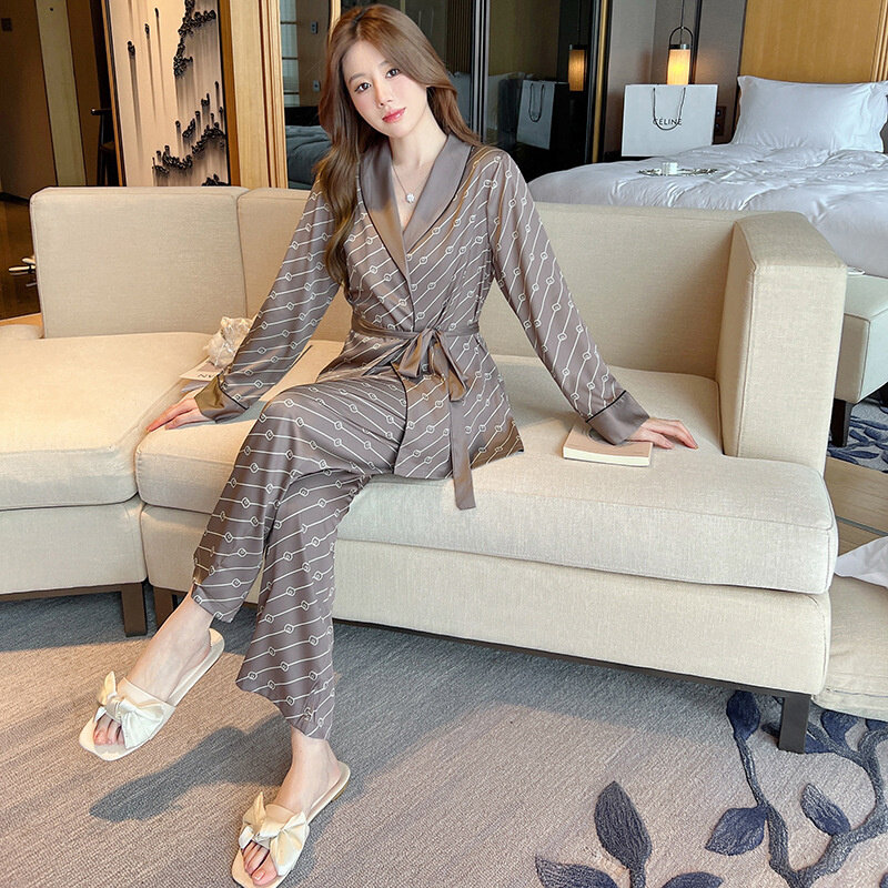 Ladies Spring and Autumn Ice Silk Pajamas Long Sleeve Robe Trousers Camisole Sleepwear Set Neo-chinese Style Casual Loungewear