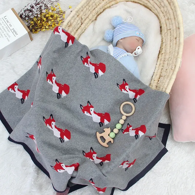 Newborn Baby Blanket Cotton Plaid Knit Infant Boy Girl Bed Sofa Soft Quilt Toddler Kid Sleeping Sack Cute Fox Stroller Swaddling