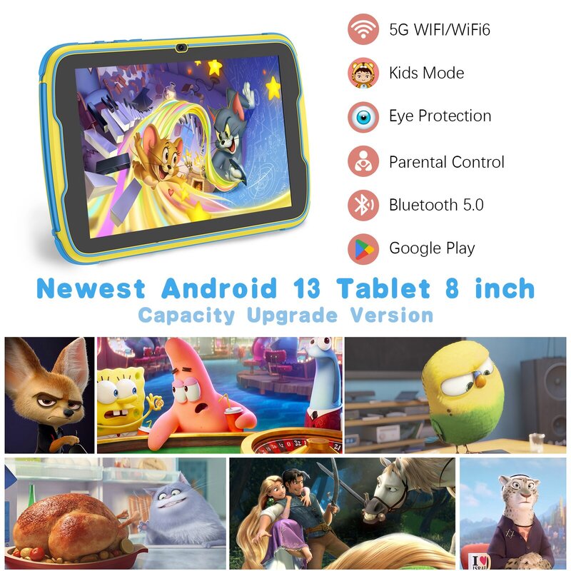 PRITOM-Tableta infantil de 8 pulgadas con sistema operativo Android 13, 8GB de RAM (expansión 4 + 4) y 64GB de ROM,1280x800 IPS, batería de 5000mAh, Control Parental