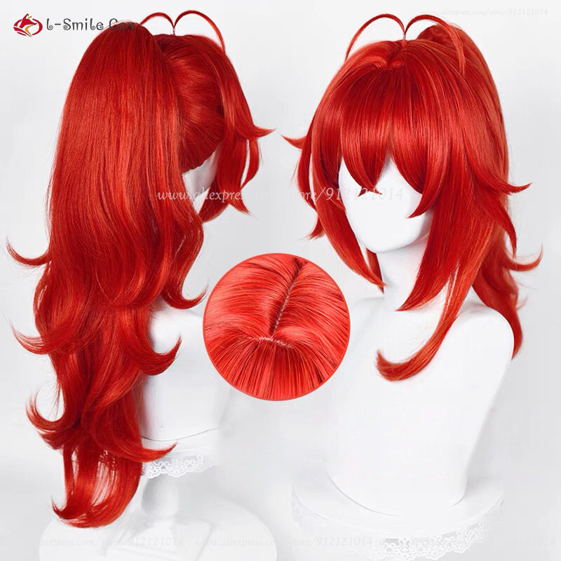 Diluc Ragnvindr Peluca de Cosplay larga roja con cola de caballo alta, cabello sintético resistente al calor, pelucas de Anime + peluca