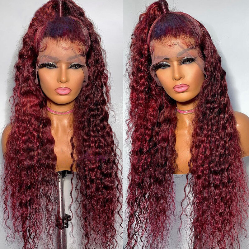 99j Soft 26inch Long Kinky Curly Burgundy 180Density Lace Front Wig For Black Women Babyhair Preplucked Heat Resistant Glueless