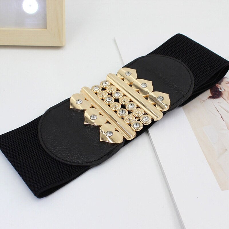 Cinturón elástico de talla grande para mujer, hebilla de Metal con diamantes de imitación, cómodo, negro
