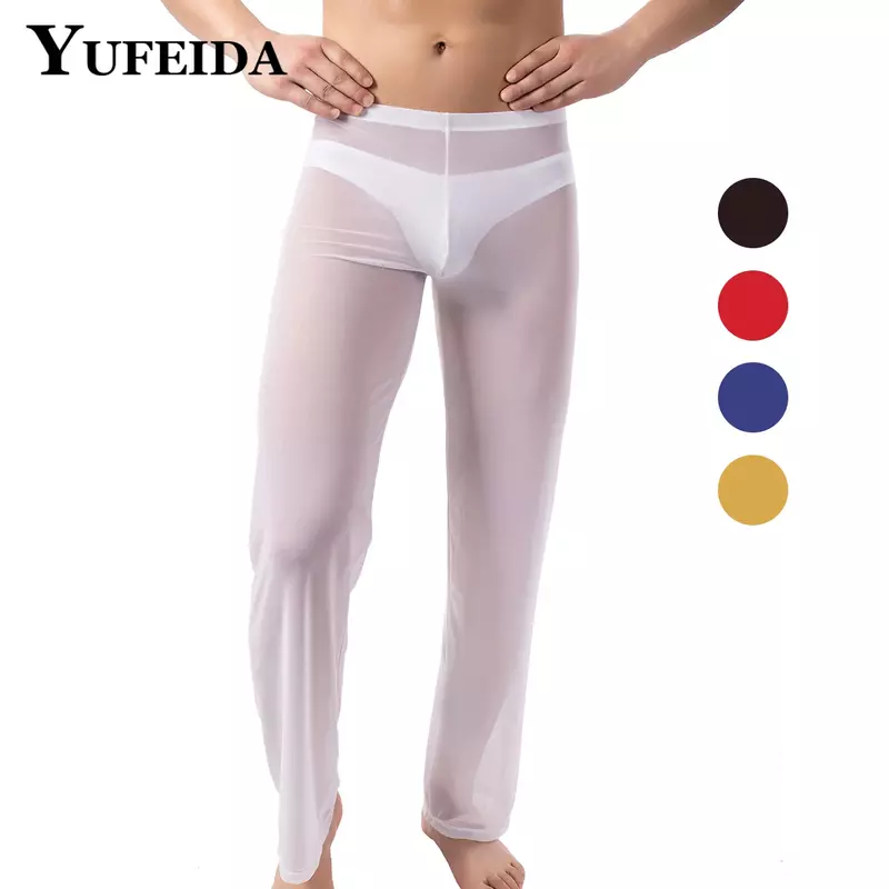YUFEIDA 남자의 섹시한 부드러운 메쉬 쉬어 시스루 스트레치 바지 바지 잠옷, 울트라 씬 핫 투명 남성 파자마 홈웨어