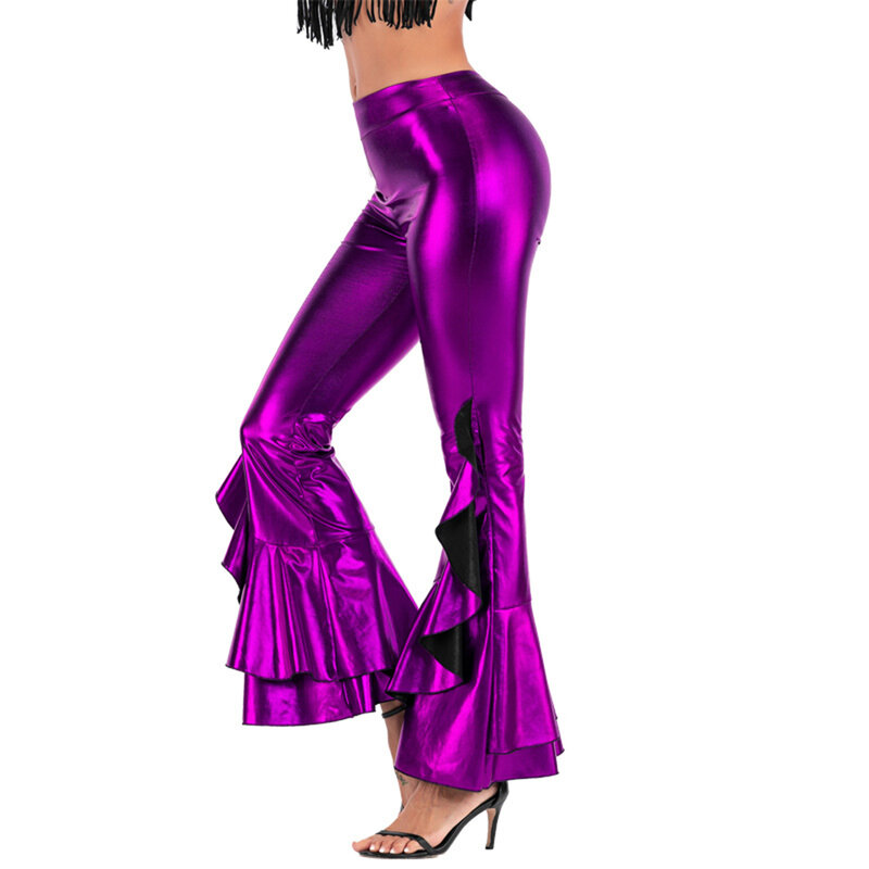 Damskie metalowe spodnie z rozkloszowanymi falbanami modne spodnie z wysokim stanem w kształcie dzwonka na potańcówka festiwalowe imprezy klubowe