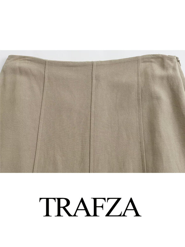 TRAFZA 여성용 롱 스커트, 하이웨이스트 지퍼, 발목 길이 스커트, 하이 스트리트 스타일, 트럼펫 스커트, 단색, 여름 패션
