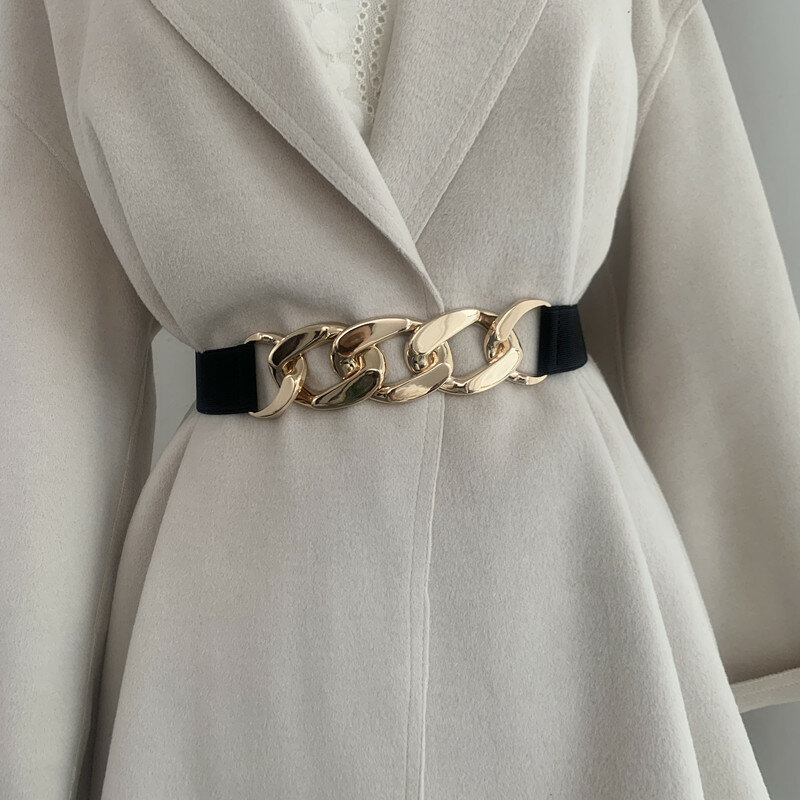 Belts for Women Elastic Wide Women Waist Belt Gold Color Metal Chain Ladies Dress Belts Fashion Coat Sweater Female Waistband