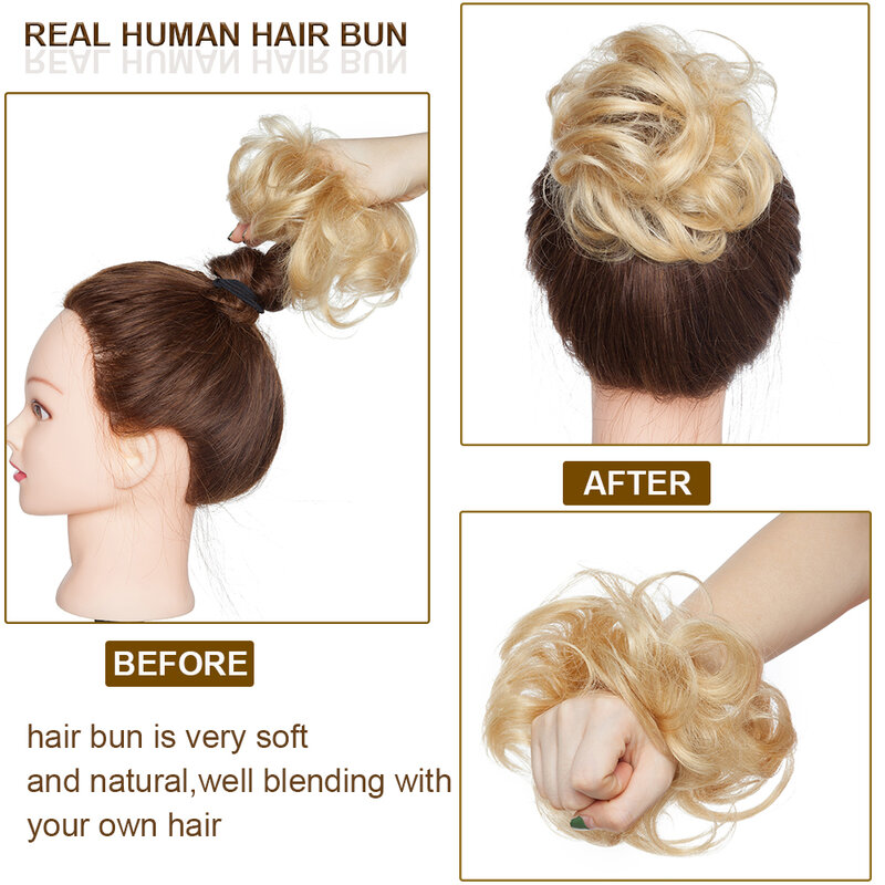 Richchoses rambut manusia hiasan rambut Sanggul berantakan, hiasan rambut asli bergelombang keriting ikat rambut kusut untuk wanita anak perempuan