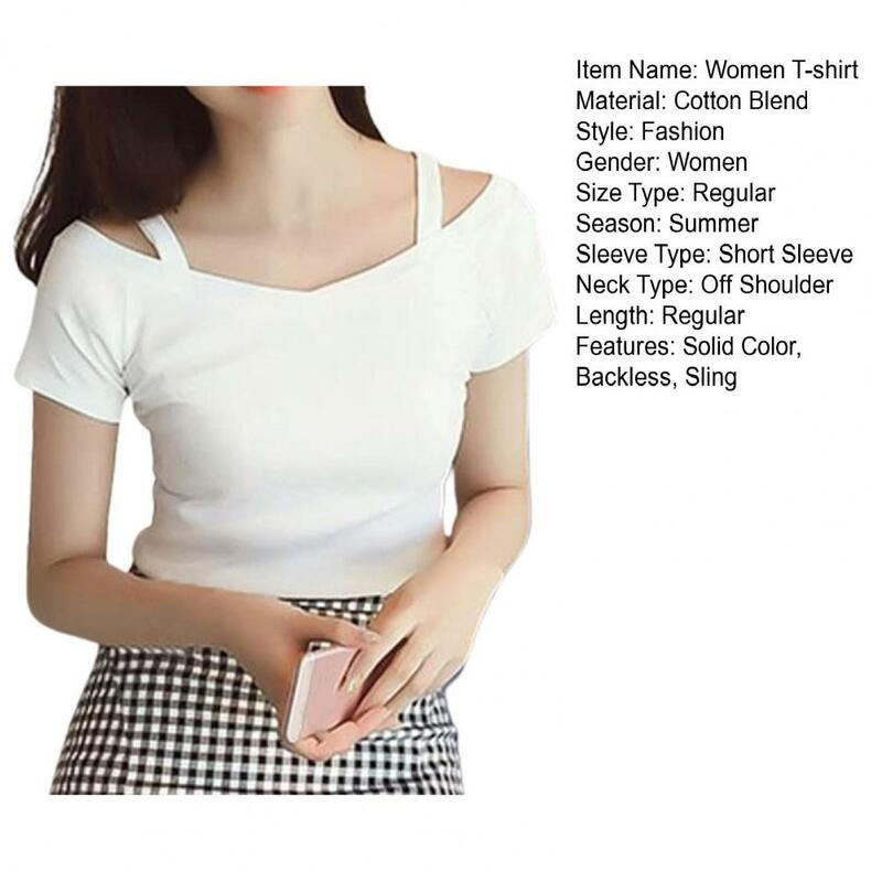 T-shirt de manga curta para mulheres, top sem ombro a ombro, esbelta, estilo coreano, com gola, roupas de verão