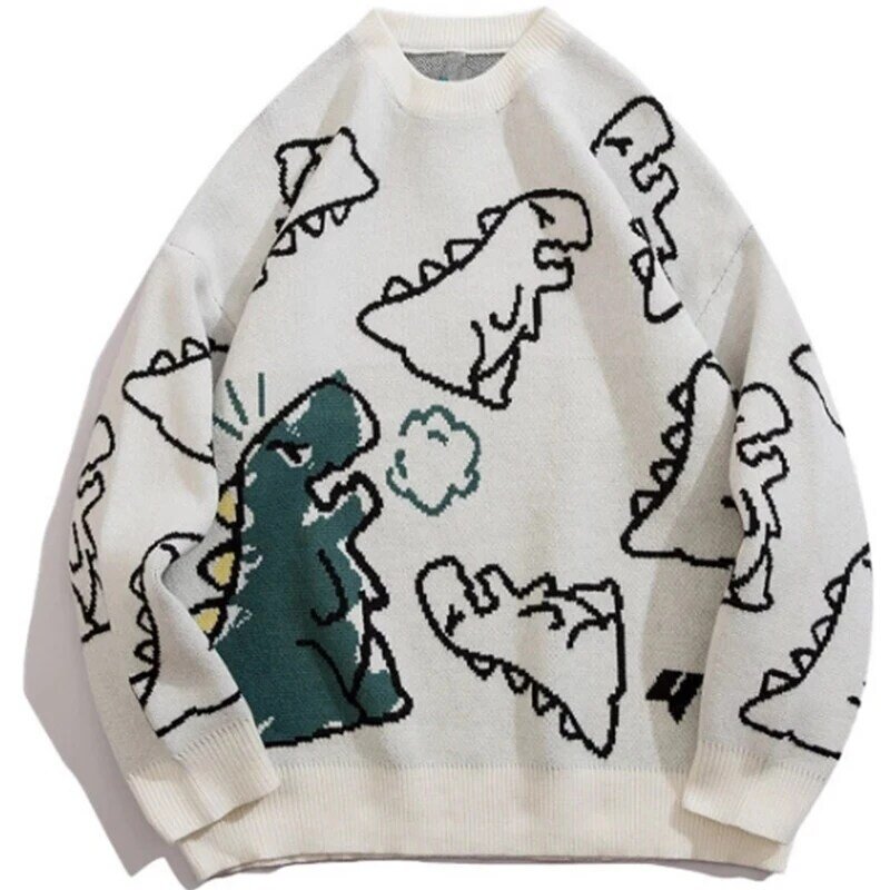 Sweater Men Harajuku Fashion Knitted Hip Hop Streetwear Dinosaur Cartoon Pullover Oversized Casual O-Neck Women Vintage Sweaters