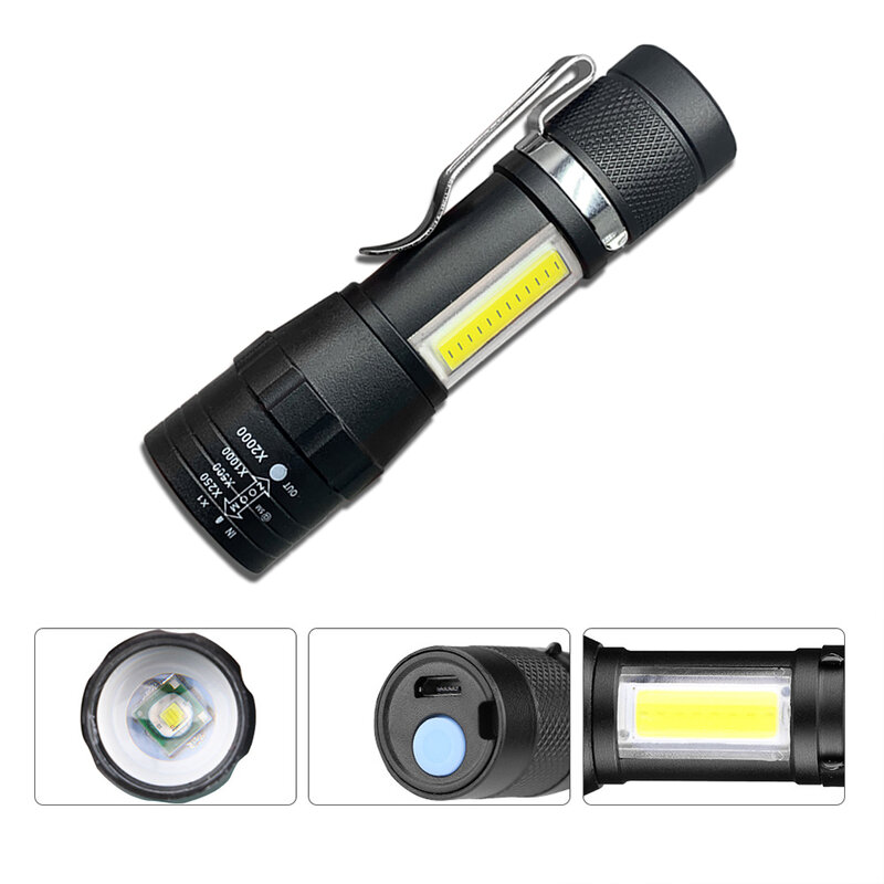 Linterna de bolsillo LED T6, luz potente, Zoom, 3 modos, recargable por USB, aleación de aluminio, portátil, impermeable, con Clip de gancho