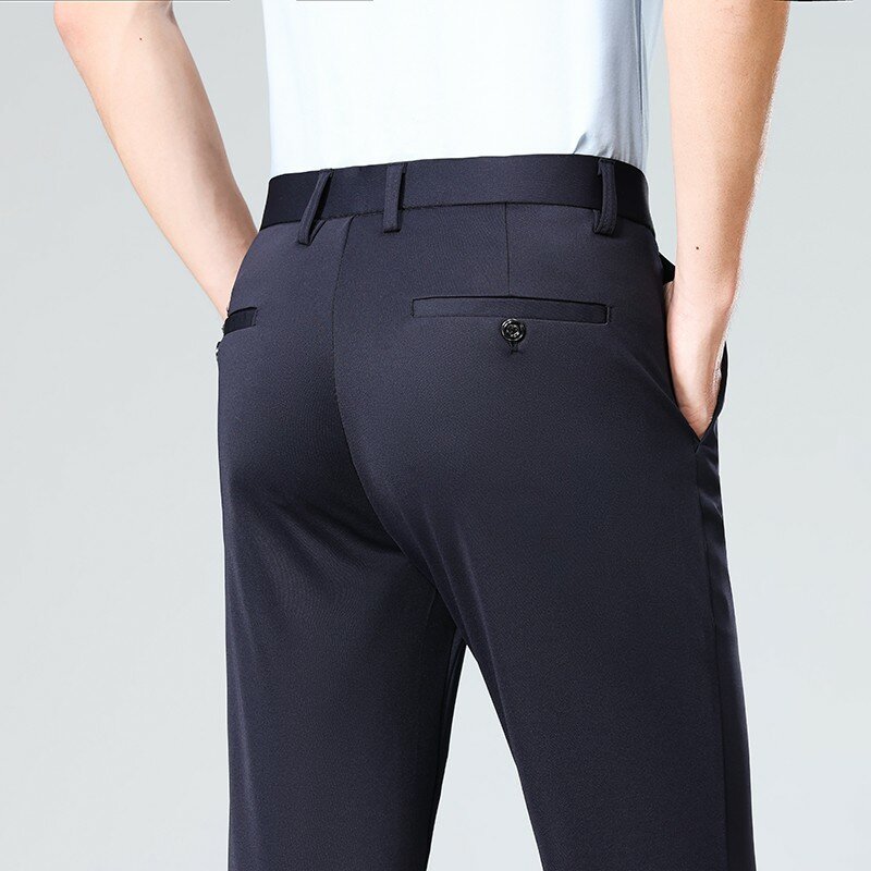 ชุดสูทธุรกิจลำลองแบบบางกางเกงสำหรับหน้าร้อนสำหรับผู้ชายกางเกงขายาวทรงตรงแขนตรงยางยืดสำหรับผู้ชาย