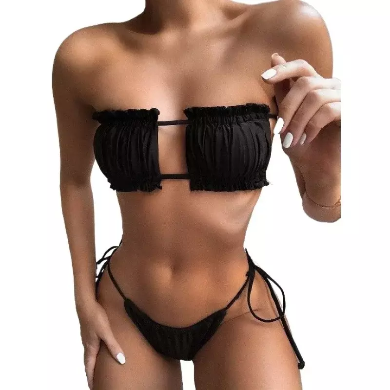 Pakaian Renang Berlipat Perempuan Pakaian Renang Wanita Mini Thong Bikini Set Bather Renang Pakaian Pantai untuk Mandi Pakaian Renang Seksi Wanita