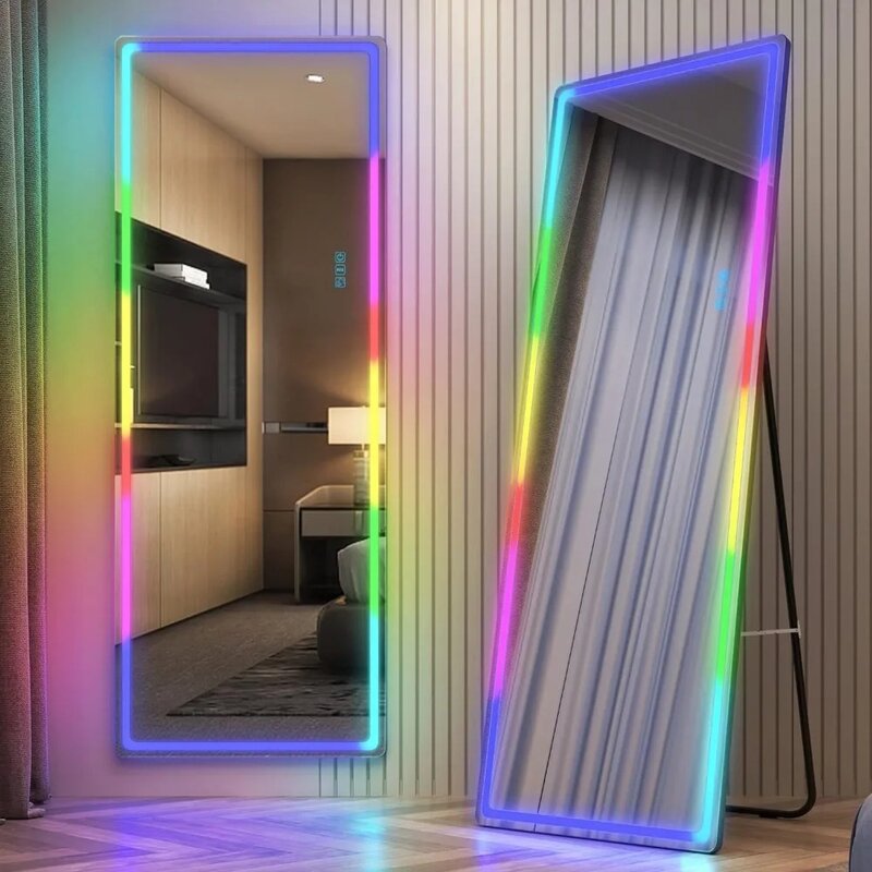 กระจก LED RGB 63 "x 18" พร้อมไฟ, กระจกเต็มตัวพร้อมไฟ, กระจกส่องสว่างทั่วร่างกาย, กระจกตั้งและติดผนังฟรี