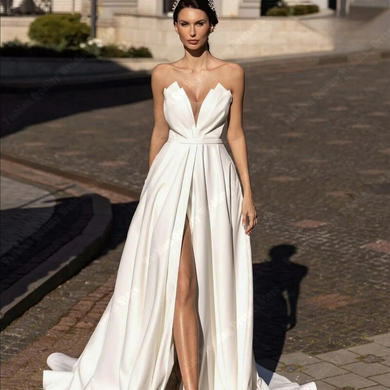 2024 Simplicity abiti da sposa in raso per le donne eleganti abiti da sposa Sexy a-line con forcella alta qualità Princess Vestidos De Novias