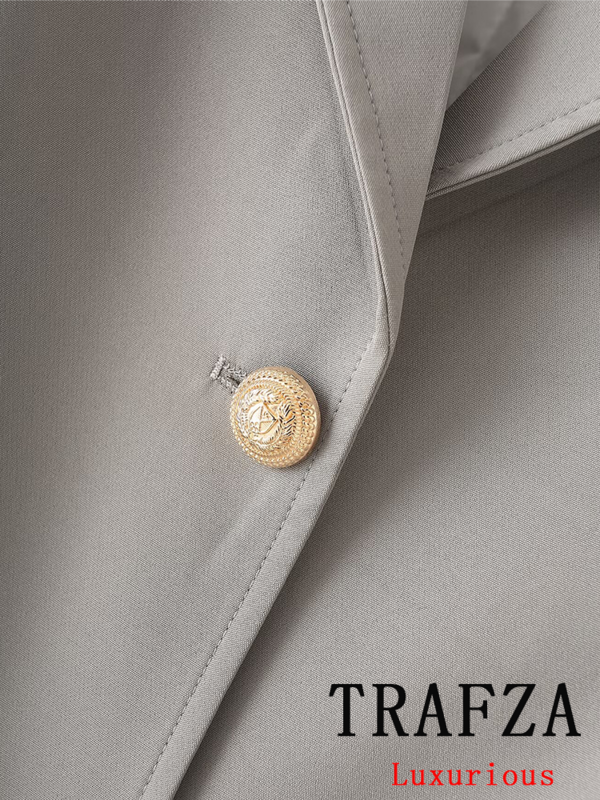 TRAFZA Vintage Chic Casual Women Blazer Solid Single Breasted V Neck Long Sleeve Pockets Blazer Fashion 2024 Office Lady Blazers