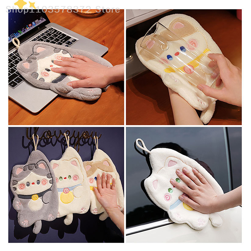 1Pc Cartoon Cuddle Cat Hangable Hand Towel Dishcloth Wiping Cloth Cute Strong Absorbent Small Towel Home Supplies
