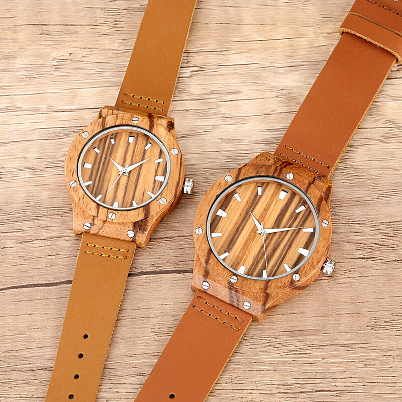 Punk Vintage Zebrawood Quartz Paar Horloges Echt Lederen Horloge Band Horloge Minimalistische Ronde Wijzerplaat Horloge Voor Mannen Vrouwen