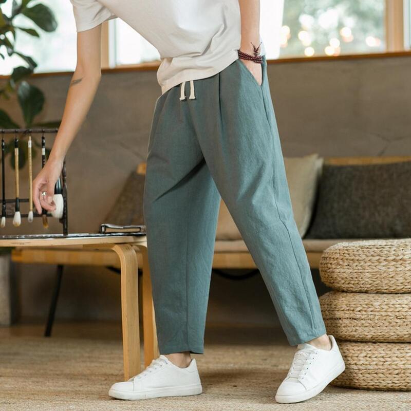 Solid Color Men Trousers Men's Loose Straight Drawstring Ninth Pants with Elastic Waist Pockets Breathable Ankle for Daily