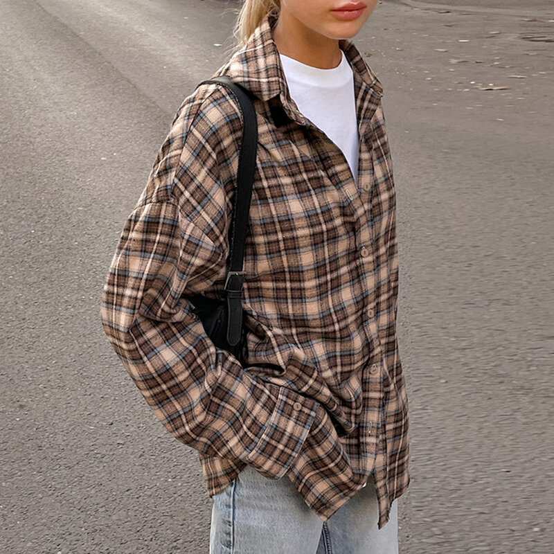 Camicette scozzesi marroni alla moda donna 2024 Streetwear camicie larghe a maniche lunghe Casual colletto rovesciato Office Lady Plaid Tops