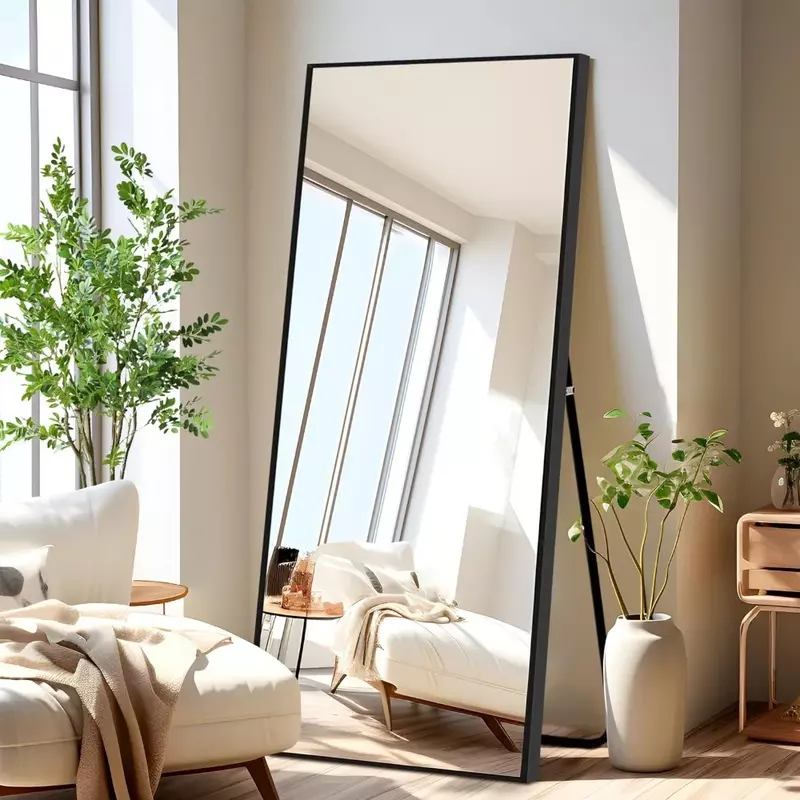 Espelho preto de corpo inteiro, pendurado ou encostado na parede, liga de alumínio, quadro fino, 65 "x 22", corpo livre para sala de estar e casa