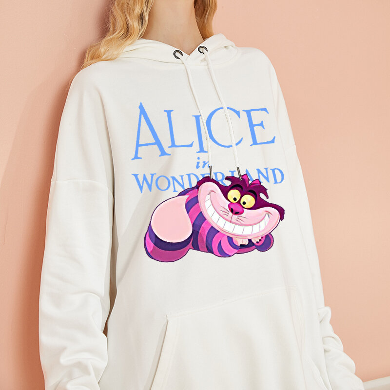 Disney Mulheres Alice no País das Maravilhas Pulôver com capuz estampado dos desenhos animados, blusa manga comprida, moletom unissex, gato bonito de Cheshire