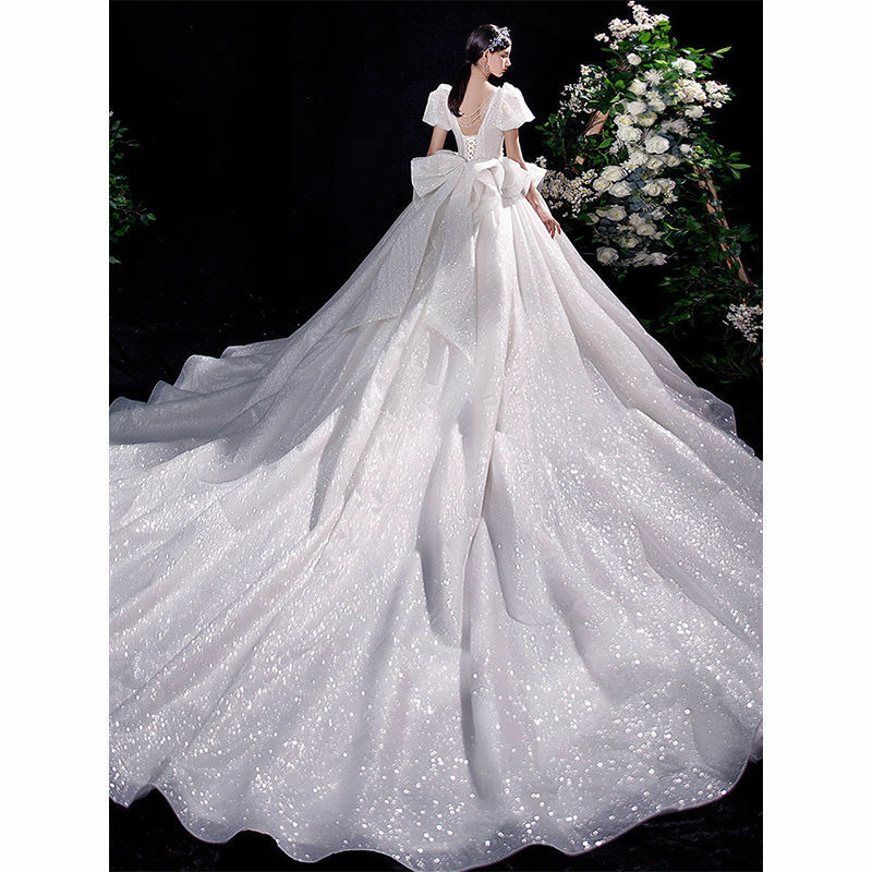 Luksusowa suknia balowa suknia ślubna brokat błyszczące cekiny perły bufiaste rękawy suknia ślubna typu princeska szata De Mariée długi Vestido