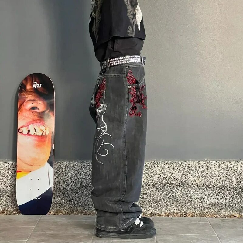 Hip-hop Retro Street Casual Y2k moda damska Harajuku haftowany wzór spodnie jeansowe prosta szeroka nogawki dla mężczyzn