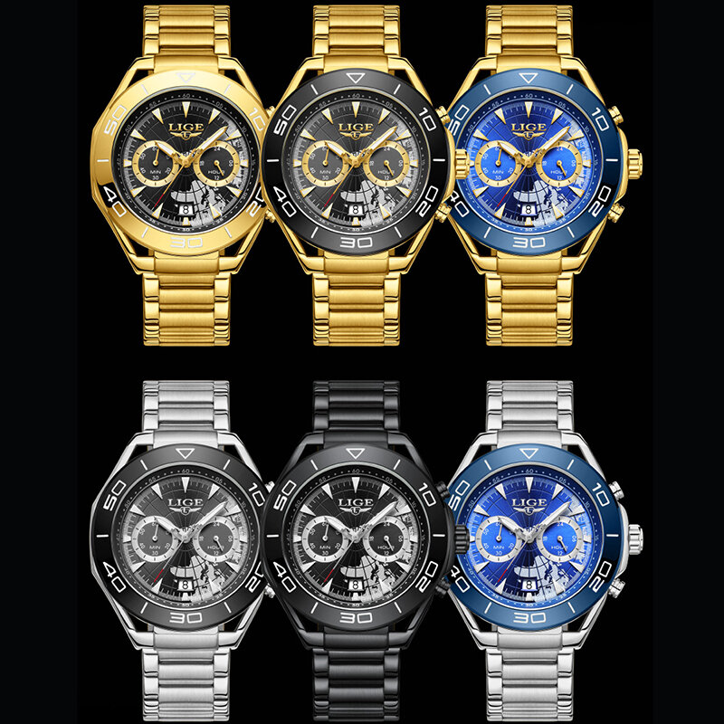 LIGE jam tangan olahraga pria, arloji Quartz Stainless Steel tanggal tahan air untuk lelaki