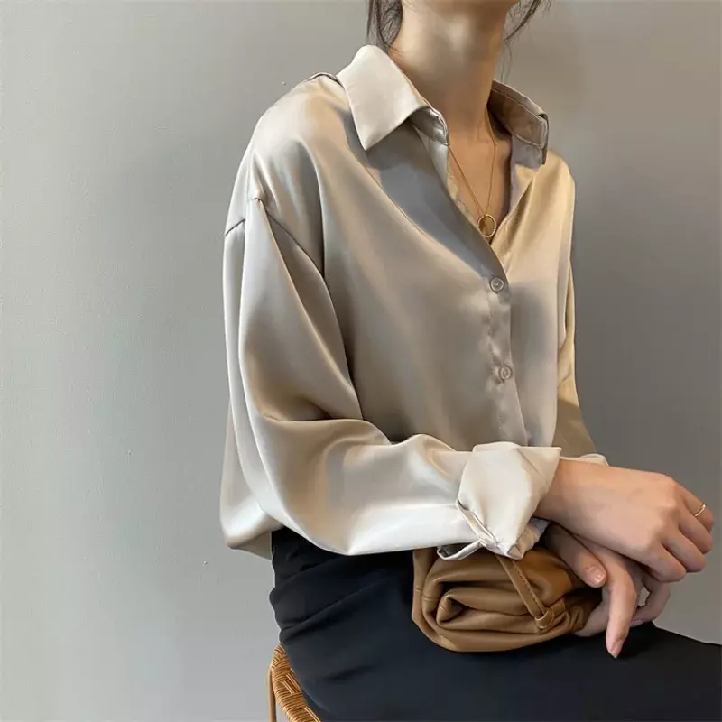 Vintage Blouse Spring Autumn Fashion Button Up Silk Satin Shirt Women Tops Office Lady Long Sleeve Loose Blouse Clothes 11355