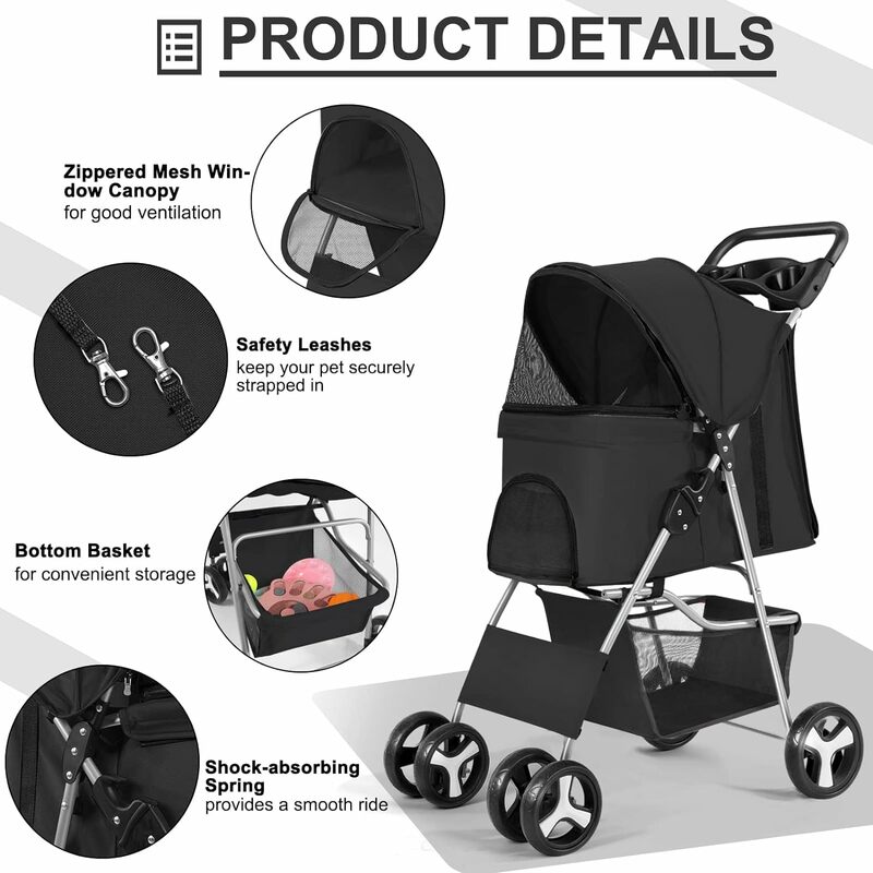 4 Wheel Foldable Cat Dog Stroller with Storage Basket, Handle 360° Front Wheel Rear Wheel with Brake for Small Medium Dogs